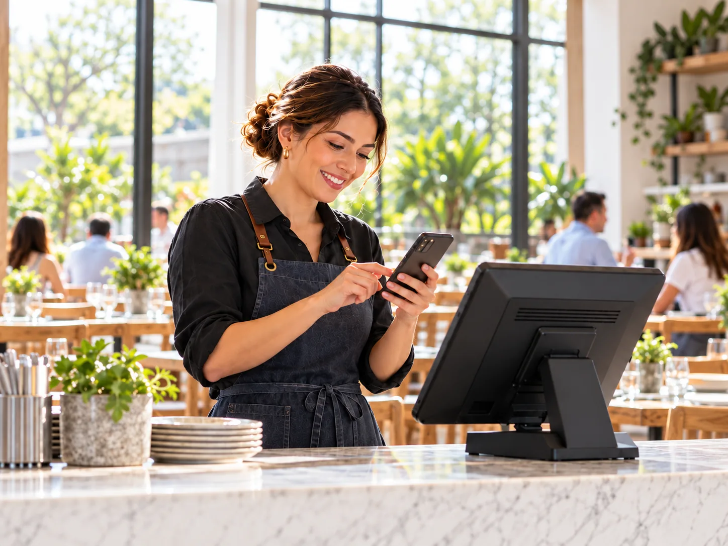 Restaurantera sonriente gestionando su negocio desde el celular