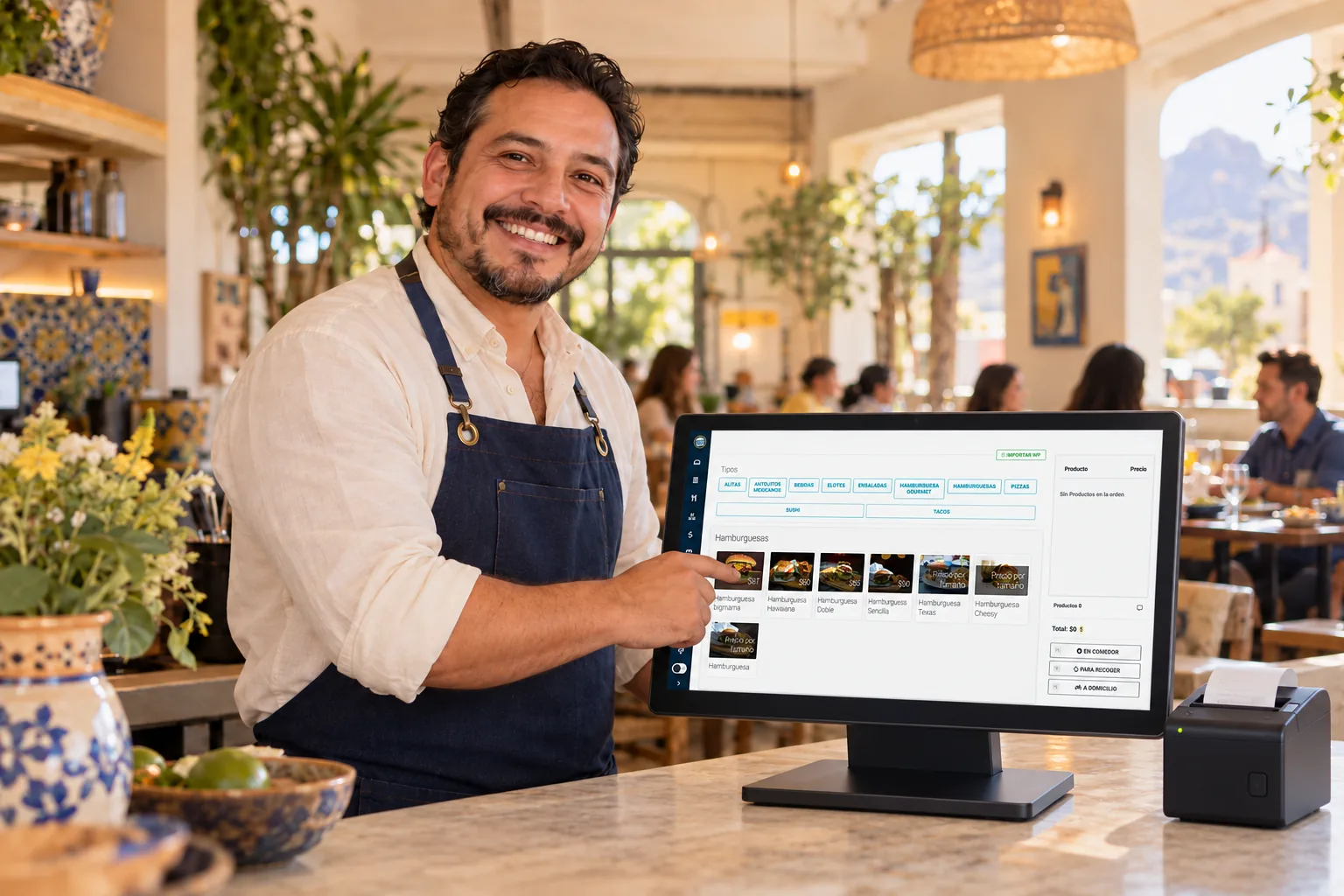 Dueño feliz usando Foo POS en una computadora con impresora de tickets a un lado